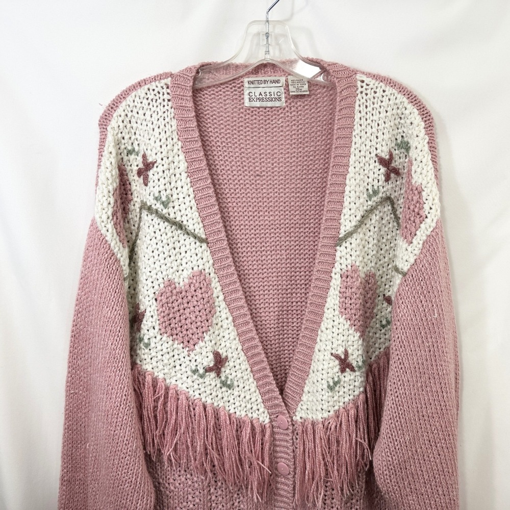 VTG Plus Size 20W Sweater Pink Hand Knit Heart Fringe Cardigan Cottagecore 774 - Picture 5 of 10